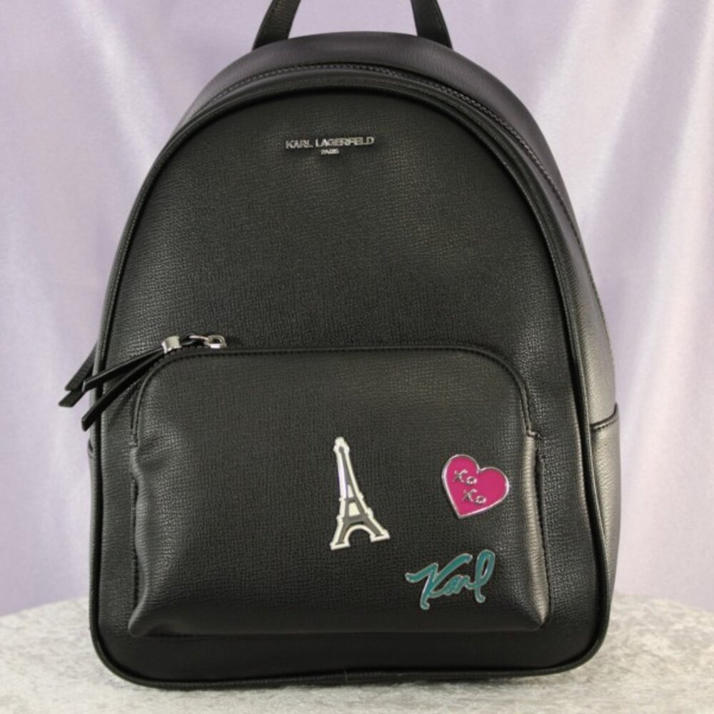 Karl Lagerfeld Paris Khloe Black Backpack Logo Straps Eiffel Tower Pins New With - Picture 2 of 11